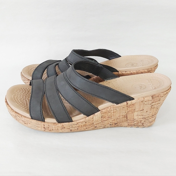 Crocs Women Wedge A-Leigh Cork Heel Black Strappy Slide Slip-on Sandals Size 10 - Picture 4 of 9